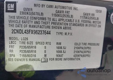 2009 Chevrolet Equinox Lt from USA, damaged, VIN 2CNDL43FX96237644